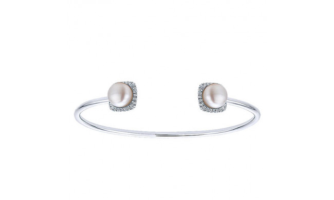 14k White Gold Emanuel Diamonds And Pearl Bangle Bracelet