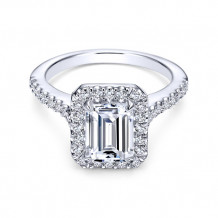 14k White Gold Emerald Cut Halo Engagement Ring
